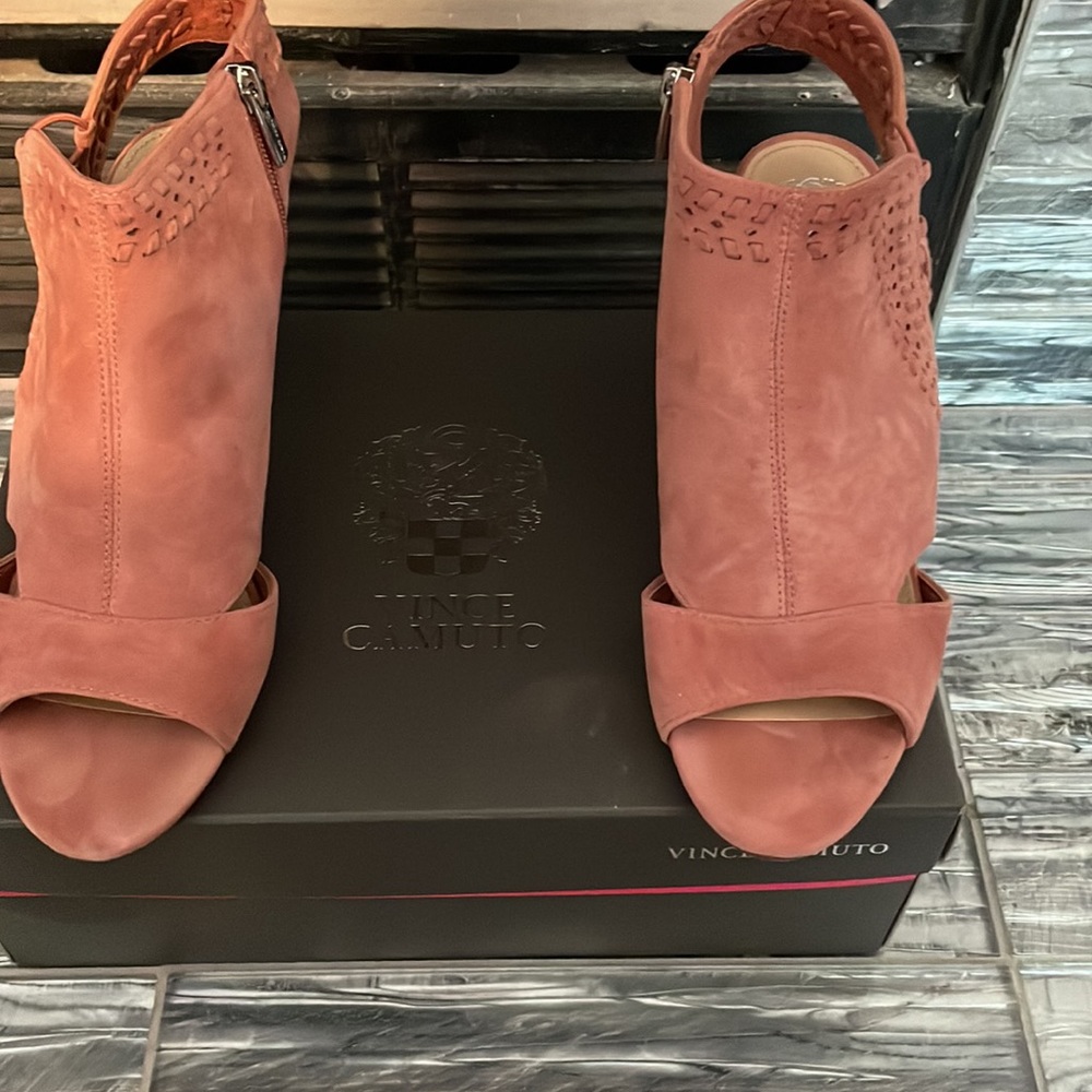 Vince Camuto Pink Suede Open-Toe Lace-Up Block Heel Sandals - Picture 5 of 6